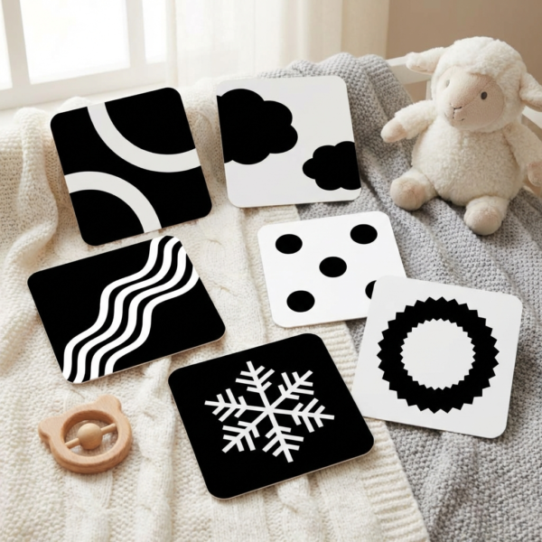 kontrastne kartice za dojenčke, visoko kontrastne kartice, črno bele kartice za dojenčka, darilo za novorojenčka