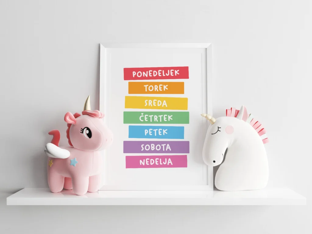 dnevi v tednu, učenje skozi igro, otroška soba, plakat za otroke